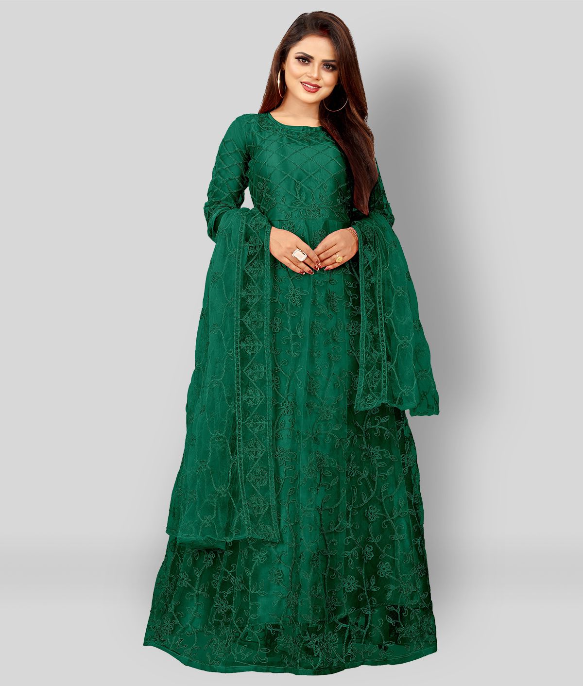     			Aika - Green Anarkali Net Women's Semi Stitched Ethnic Gown ( Pack of 1 )