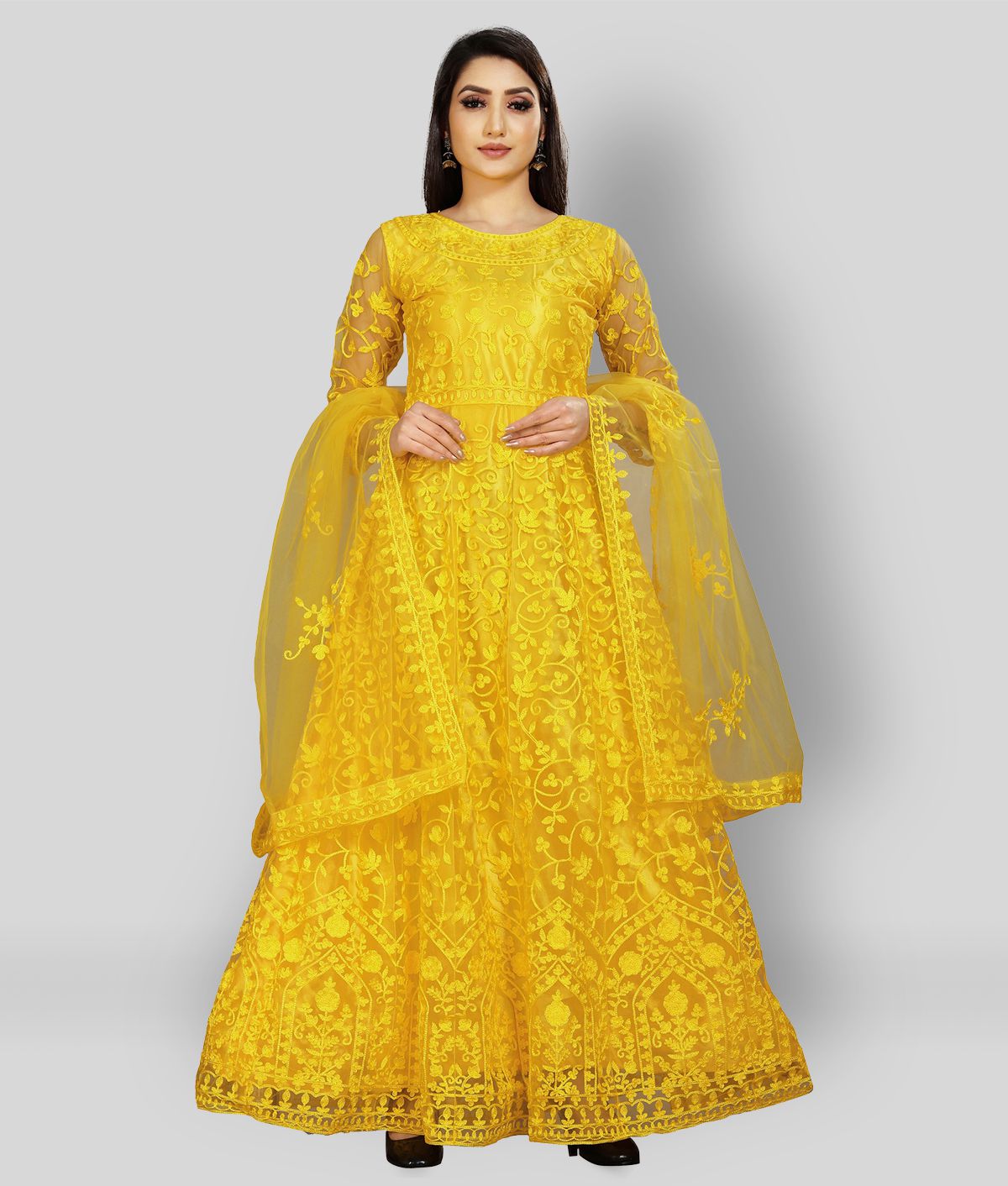     			Aika - Yellow Anarkali Net Women's Semi Stitched Ethnic Gown ( Pack of 1 )