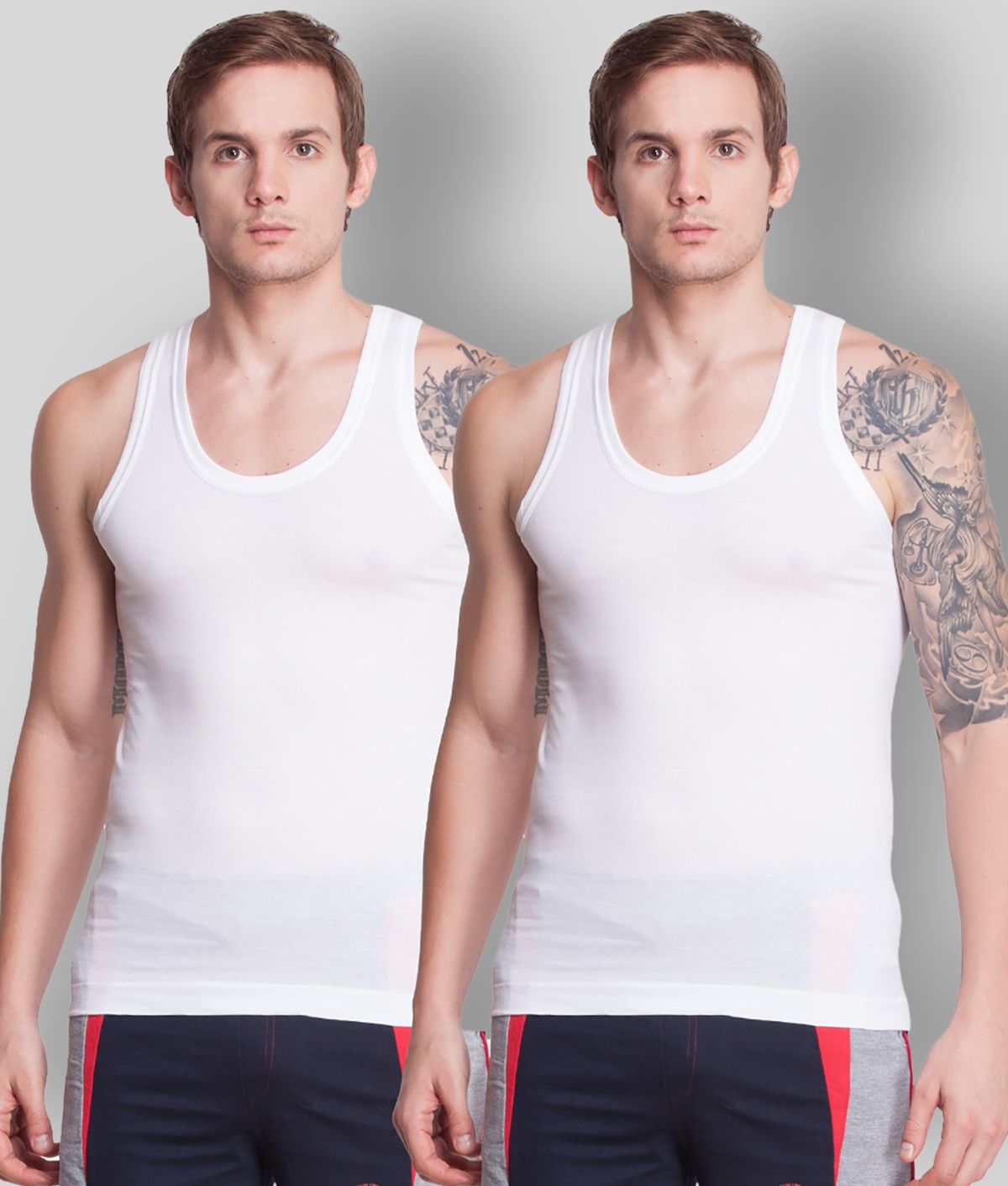     			Pack of 2 Dollar Bigboss White Solid Cotton Blend Men Vest