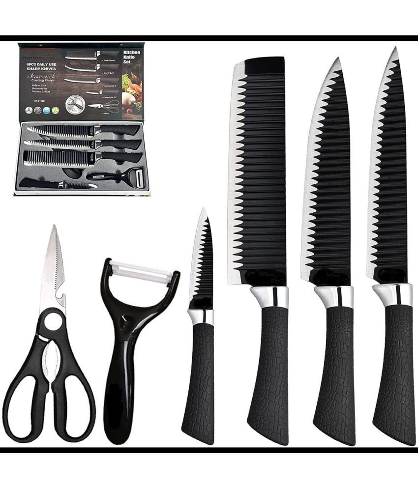     			Gatih - Black Stainless Steel Non Stick Kitchen Cutlery Knives Set Knife Set ( Pack 6 )