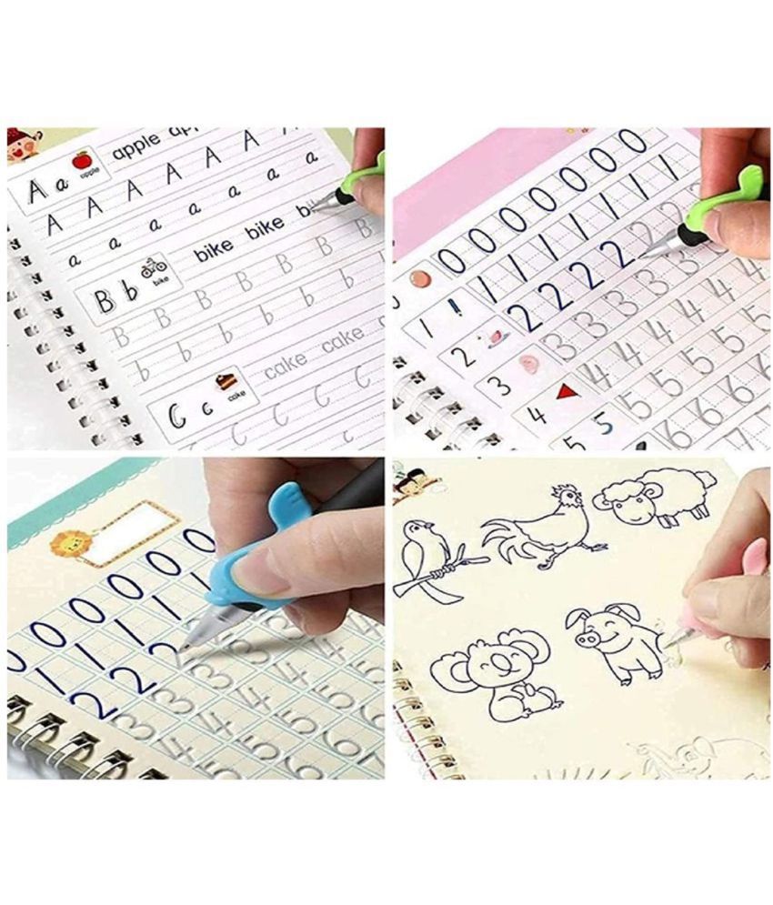     			Sank Magic Practice Copybook, (4 Books + 1 Pen + 10 Refill) Number, Alphabet, Math and Drawing for Preschools Ages 3+ - Reusable Writing Tool Simple Hand Lettering