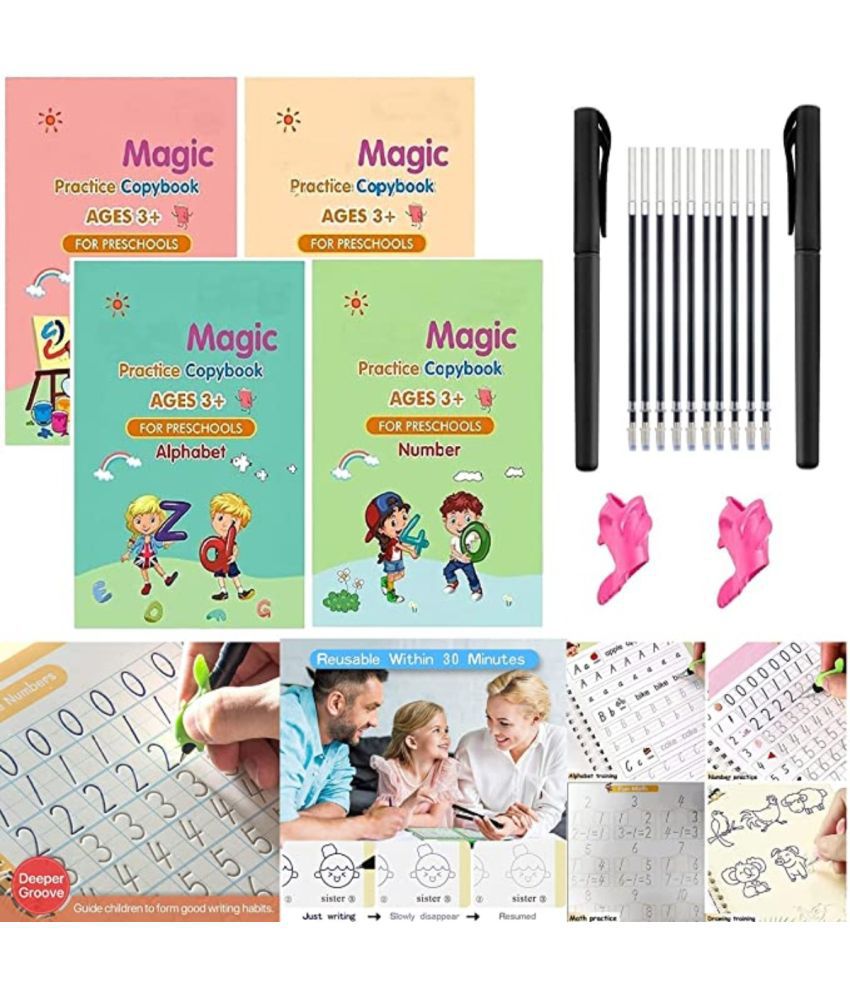     			Sank Magic Practice Copybook With Number Tracing, Drawings, Alphabets, Maths activity for Preschoolers with Pen, Magic calligraphy books for kids with Reusable Writing Tool and grip (4 BOOK +10 REFILL+ 2 PEN)