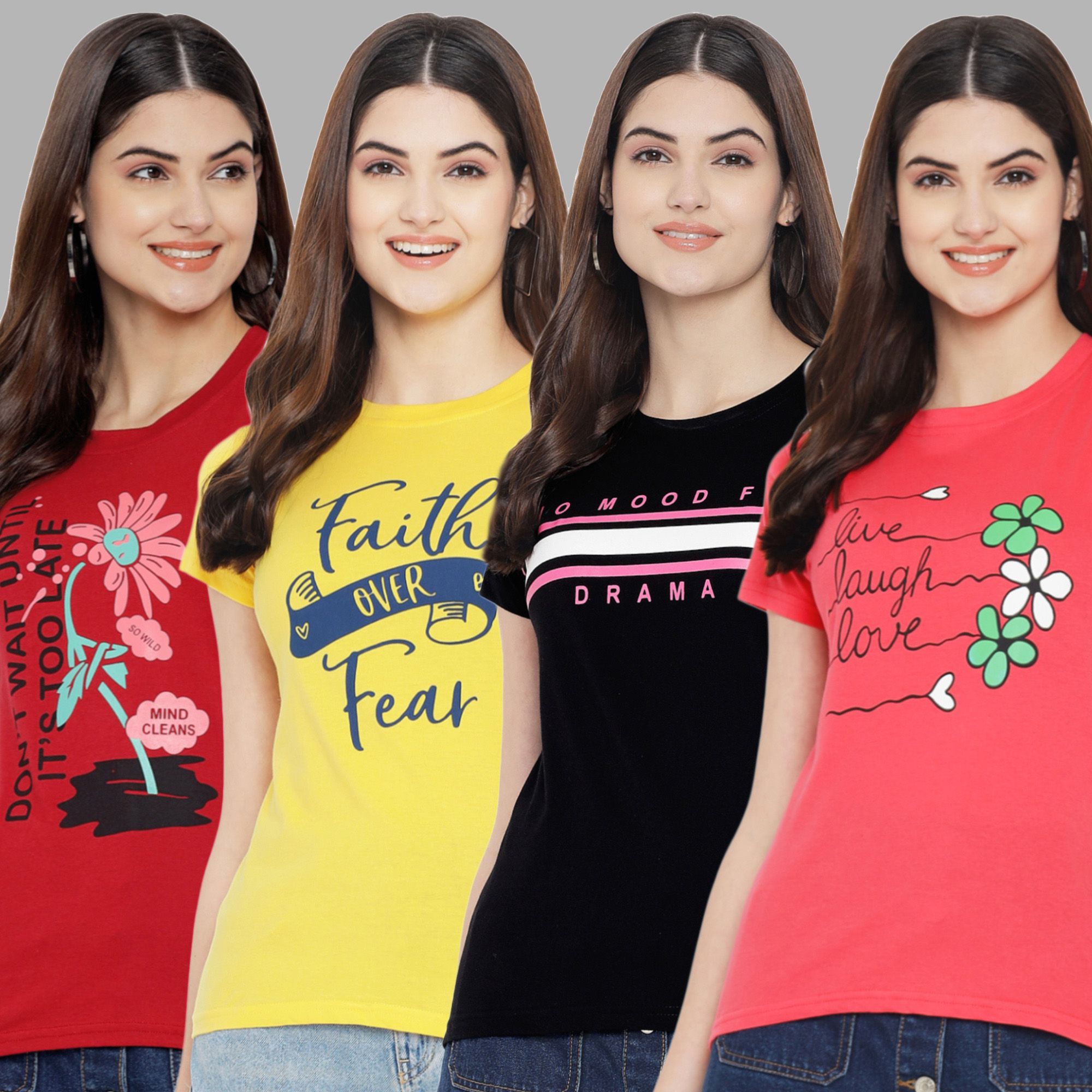Fabflee - Multi Color Cotton Blend Regular Fit Women's T-Shirt ( Pack of 4 )
