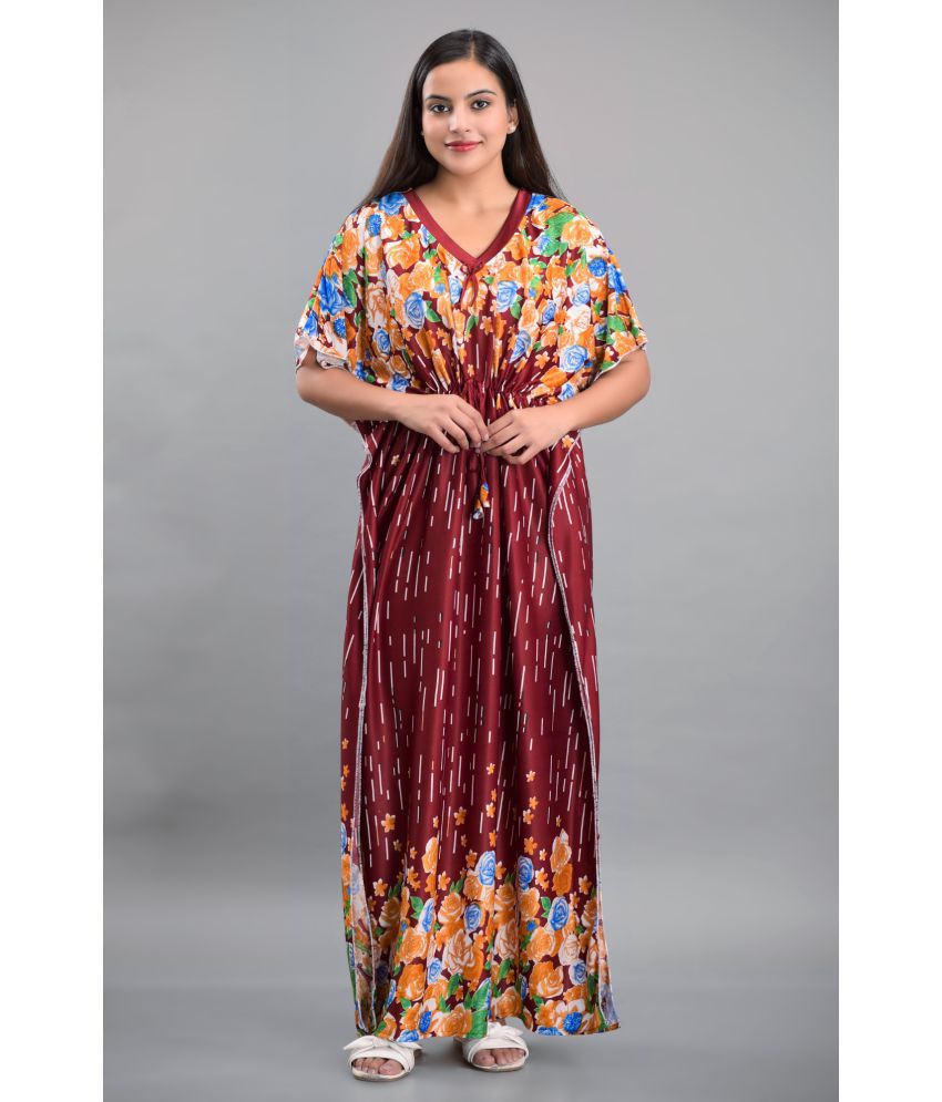     			Apratim - Maroon Satin Women's Nightwear Kaftan Night Dress ( Pack of 1 )