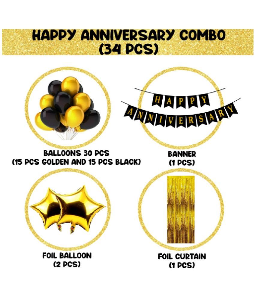 Blooms Mall Happy Anniversary Decoration Kit For Home 34 Items Golden