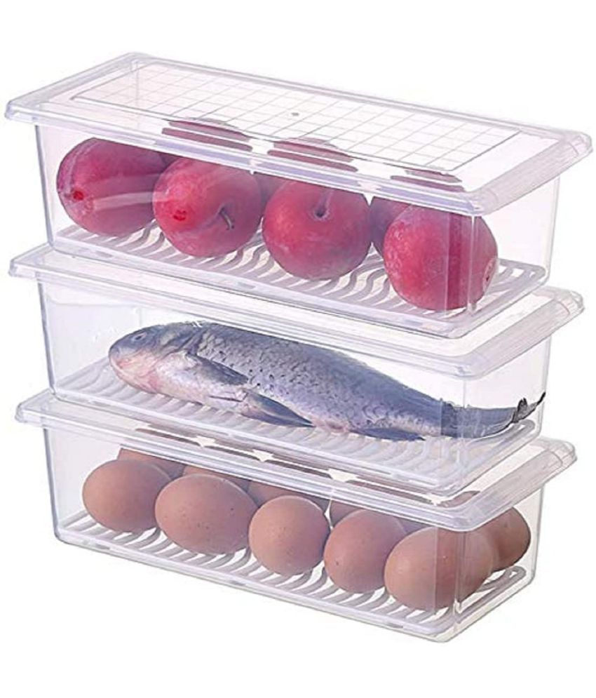     			Fridge Storage Container with Drain Tray and Lid - Transparent Polyproplene Food Container ( Pack of 3 )