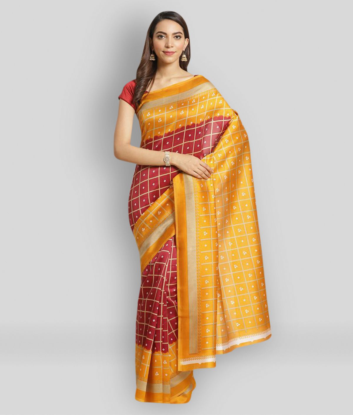     			Grubstaker - Yellow Silk Blend Saree With Blouse Piece ( Pack of 1 )