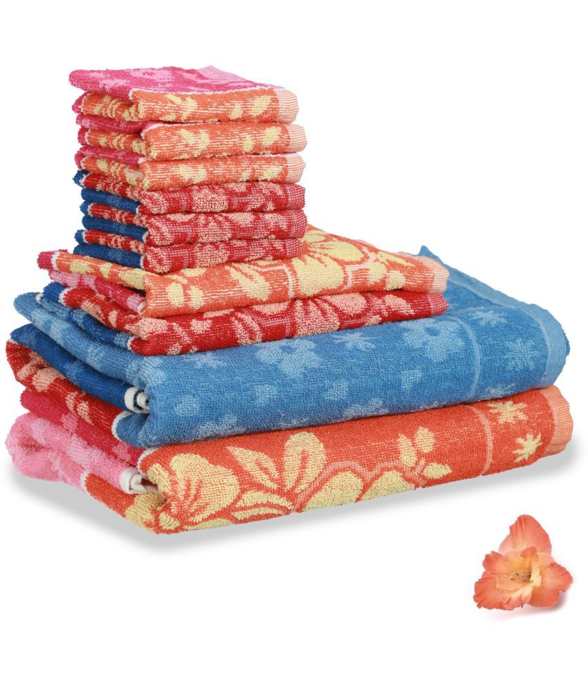 HOMETALES - Cotton Multicolor Printed Bath Towel ( Pack of 10 )