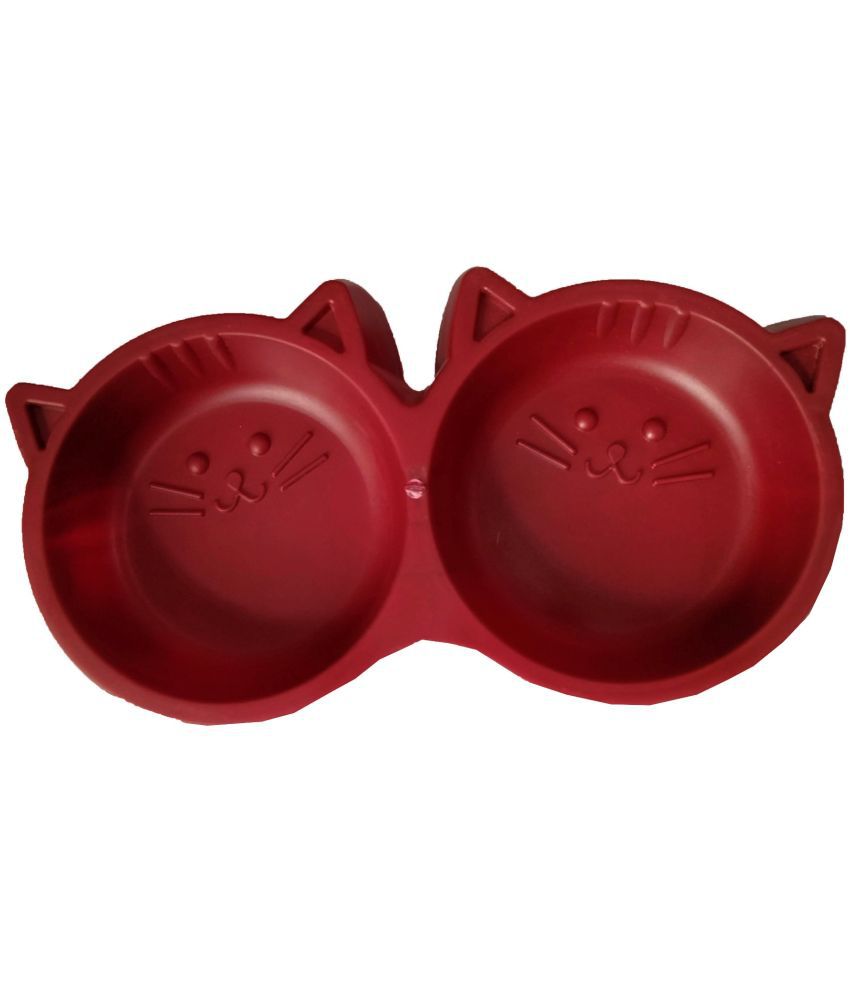 Non-Slip, Non-Toxic Pet Feeding Plastic Cat Face Shaped Double Bowl Food & Water Feeder 2-in-1 Bowl for Dogs