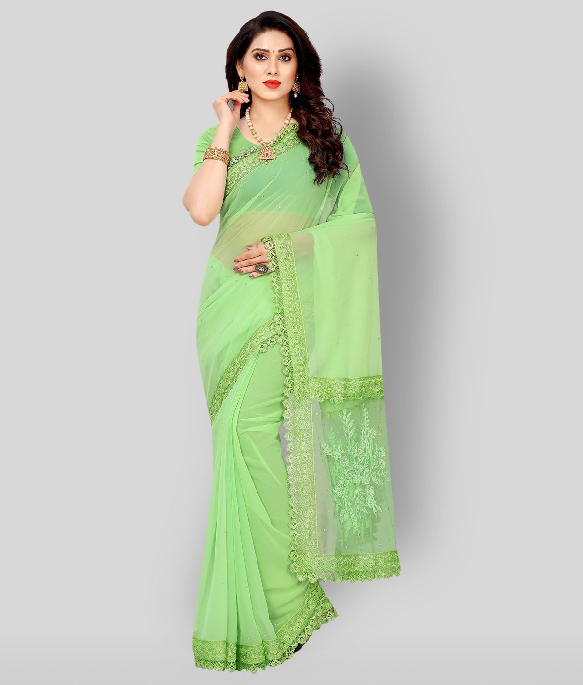     			Apnisha - Light Green Georgette Saree  With Blouse Piece ( Pack of 1 )