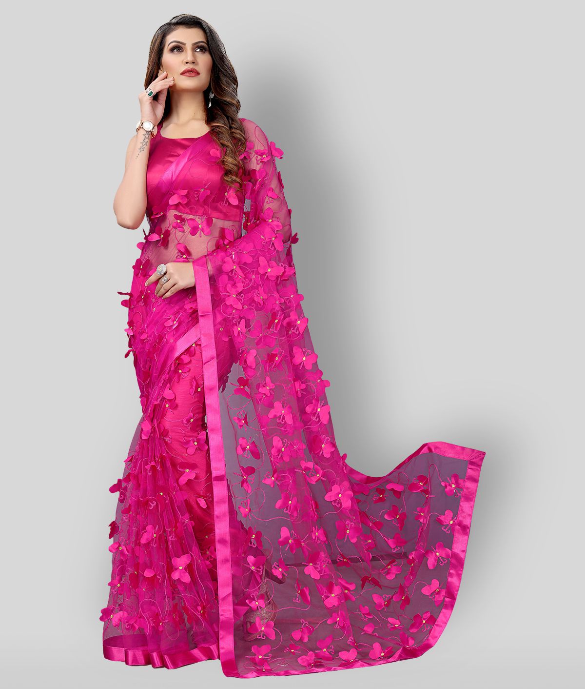     			Apnisha - Pink Net Saree With Blouse Piece ( Pack of 1 )