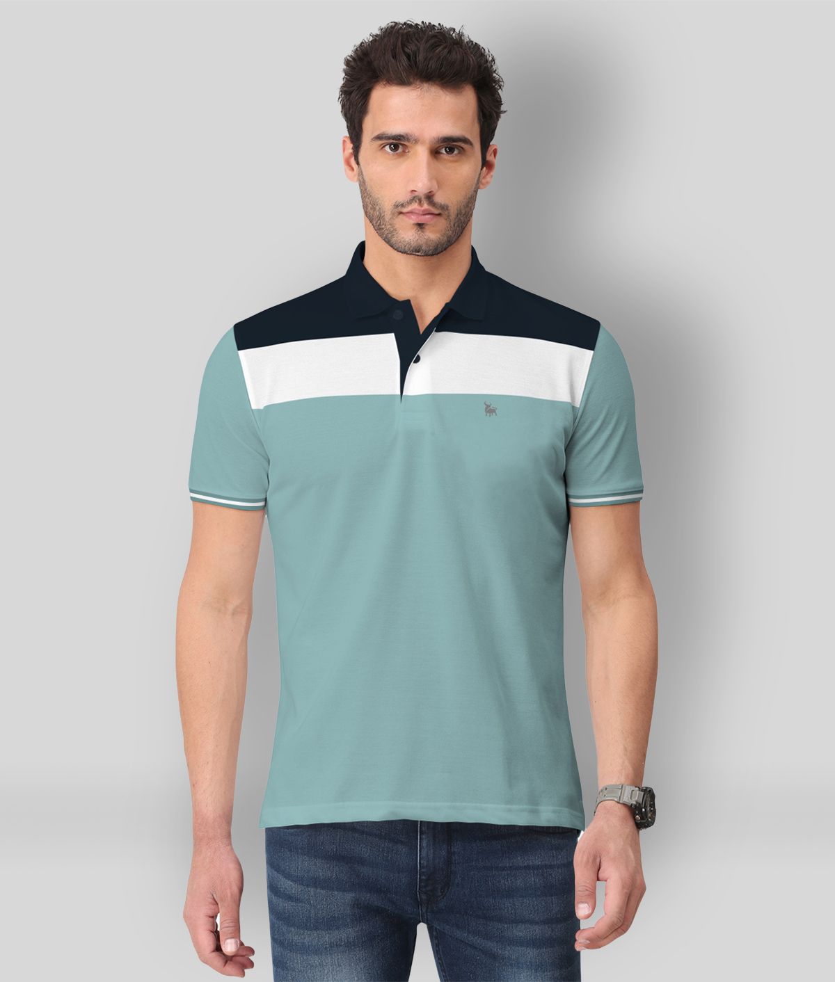     			BULLMER Pack of 1 Cotton Blend Regular Fit Colorblock Half Sleeves Men's Polo T Shirt ( Sea Green )