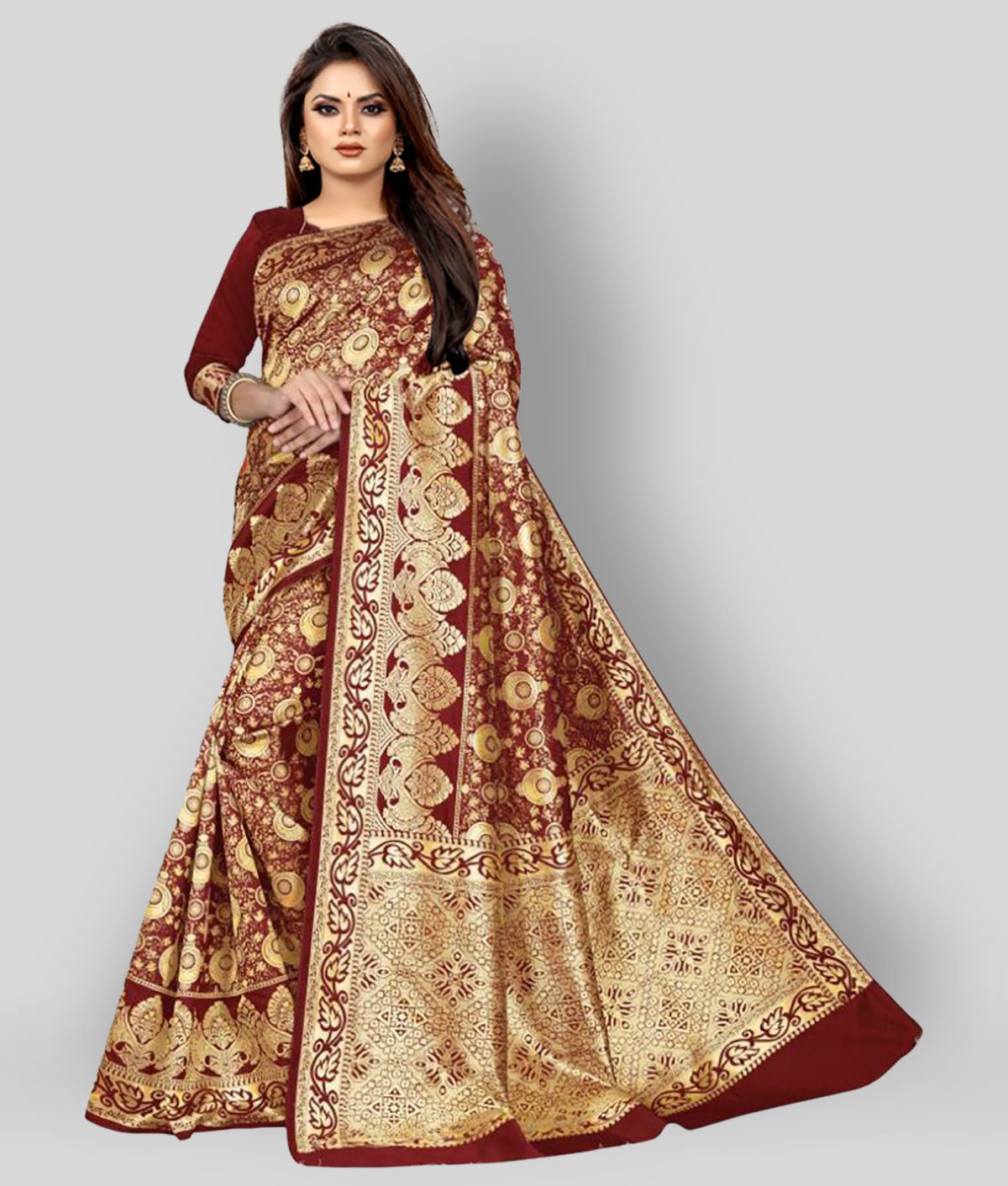 Gazal Fashions - Maroon Banarasi Silk Saree With Blouse Piece (Pack of 1)