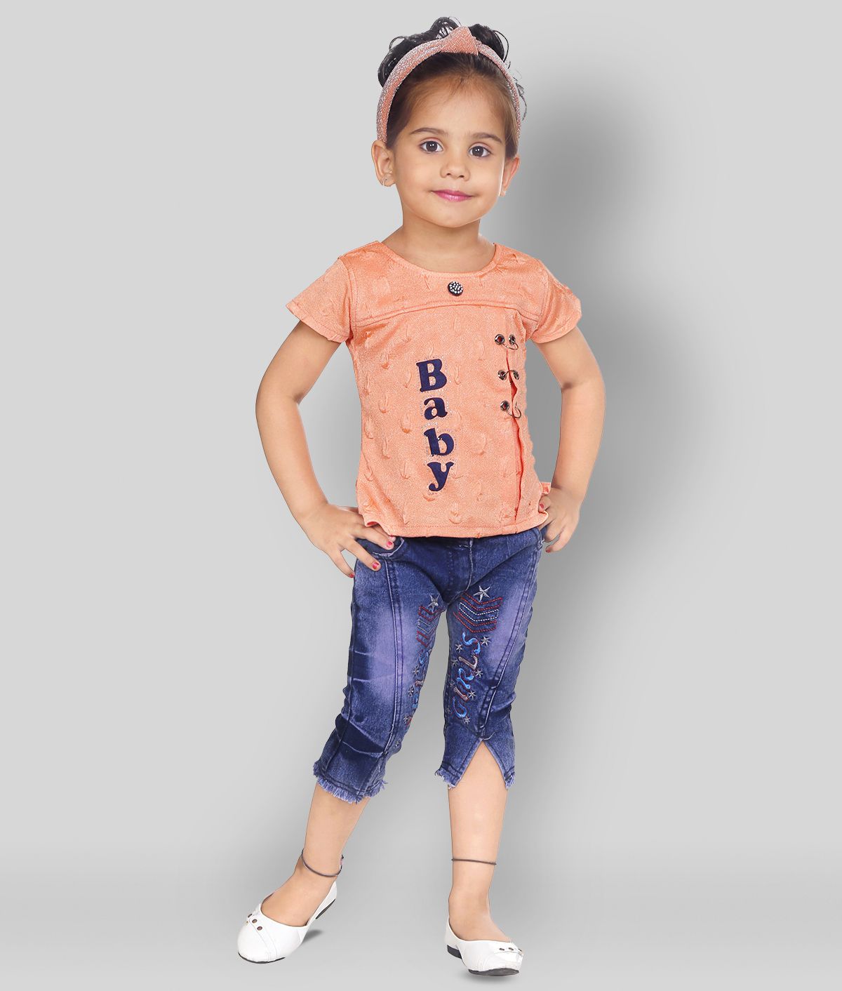    			NewCollections - Coral Cotton Blend Girl's Top With Jeans ( Pack of 1 )