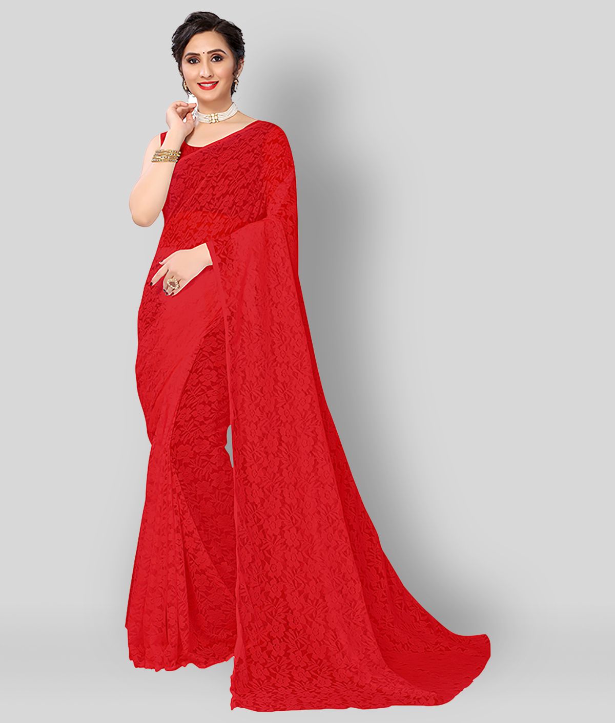 POSHYAA FASHION - Red Net Saree Without Blouse Piece (Pack of 1)