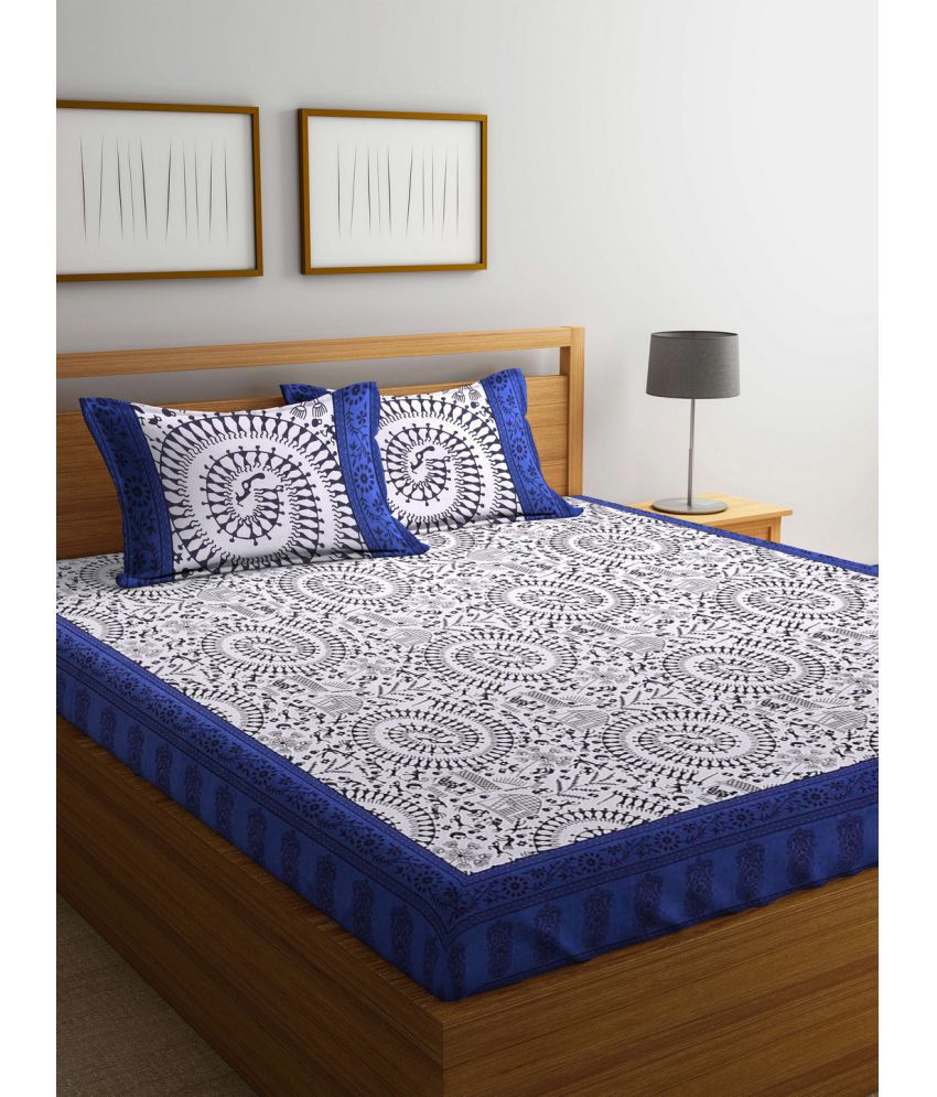     			HOMETALES - Blue Cotton Double Bedsheet with 2 Pillow Covers