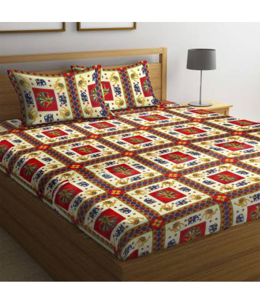     			HOMETALES Cotton Ethnic Double Bedsheet with 2 Pillow Covers-Red