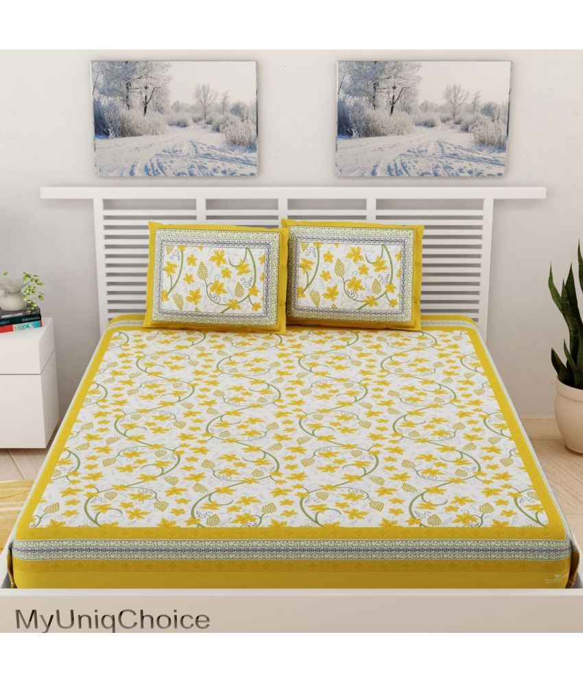     			Uniqchoice Cotton Floral Double Bedsheet with 2 Pillow Covers- Yellow