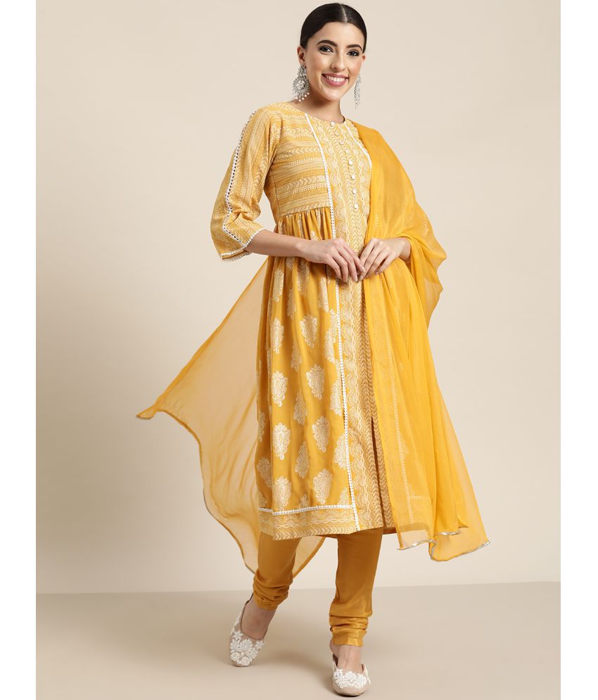    			Juniper - Yellow Tiered Flared Georgette Women's Stitched Salwar Suit ( Pack of 1 )