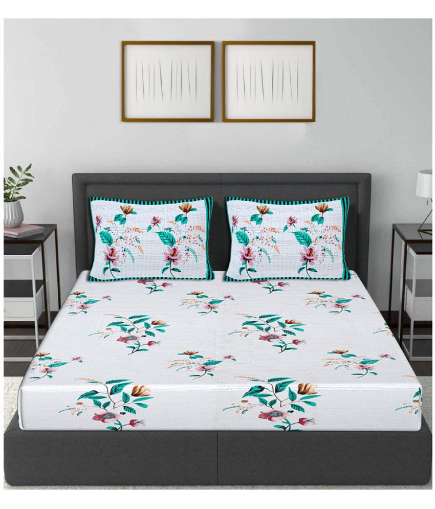     			Frionkandy Cotton Floral Printed Double Bedsheet with 2 Pillow Covers - Turquoise