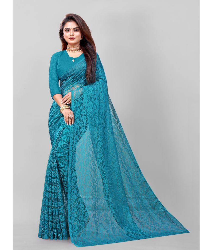     			Apnisha - Turquoise Net Saree With Blouse Piece ( Pack of 1 )