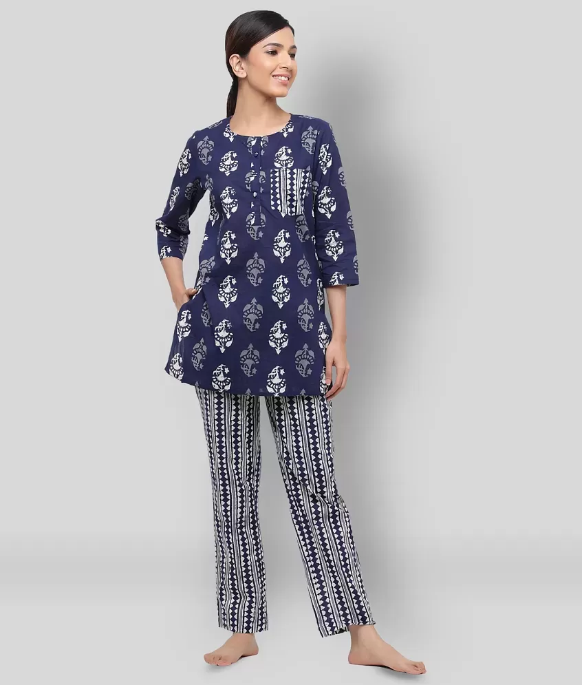 Jaipur Kurti - Blue Cotton Women's Nightwear Nightsuit Sets - Buy