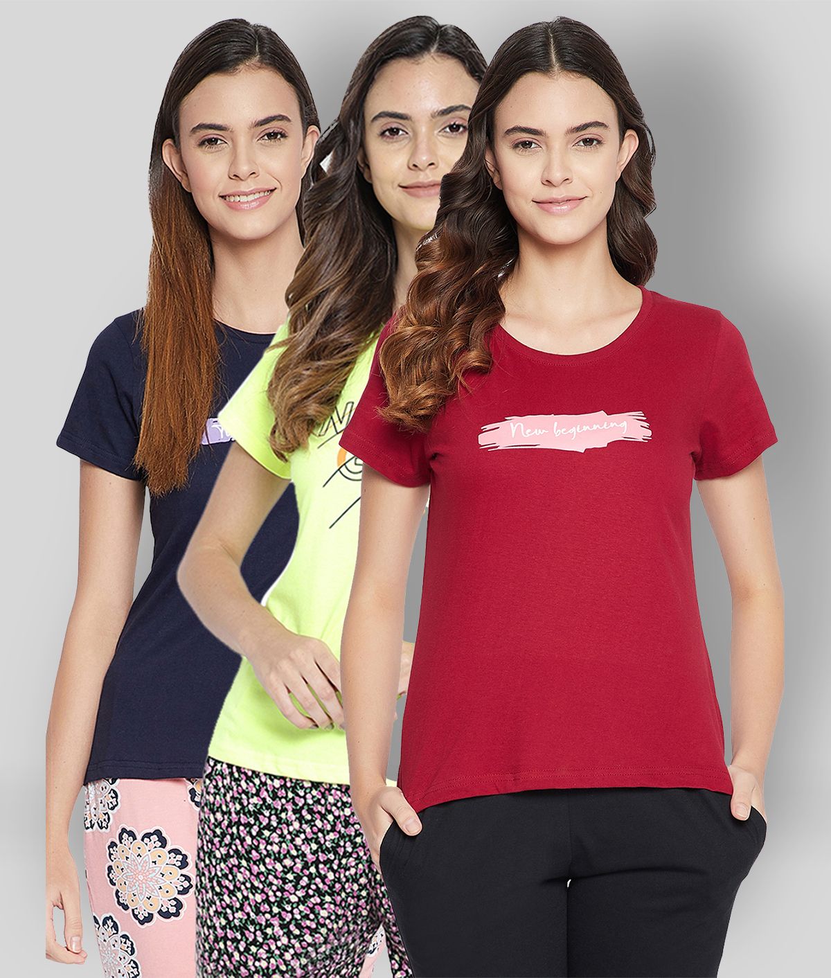     			Clovia - Multicolor Cotton Women's Nightwear Night T-Shirt ( Pack of 3 )