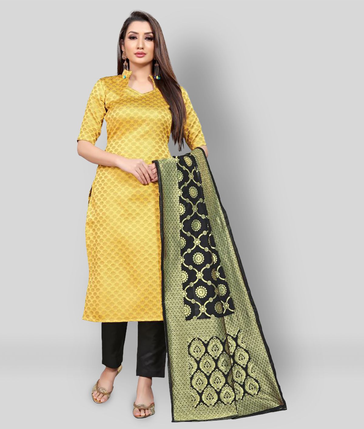 Gazal Fashions Yellow,Black Brocade Unstitched Dress Material