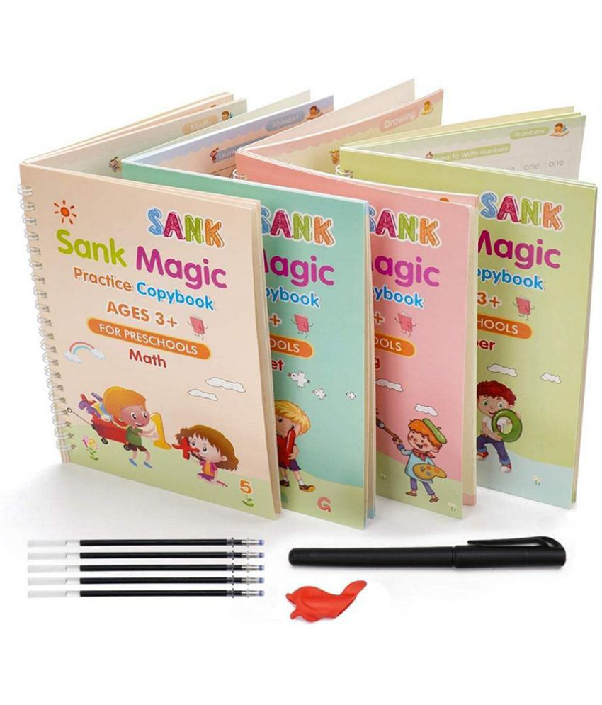     			Magic Practice Copy Book for Pre-School Kids, Re-Usable Drawing, Alphabet, Numbers and Math Exercise Notebook, English Magic Book for Children (4 x Books,5 x Refill,1 x Pen,1 x Grip)
