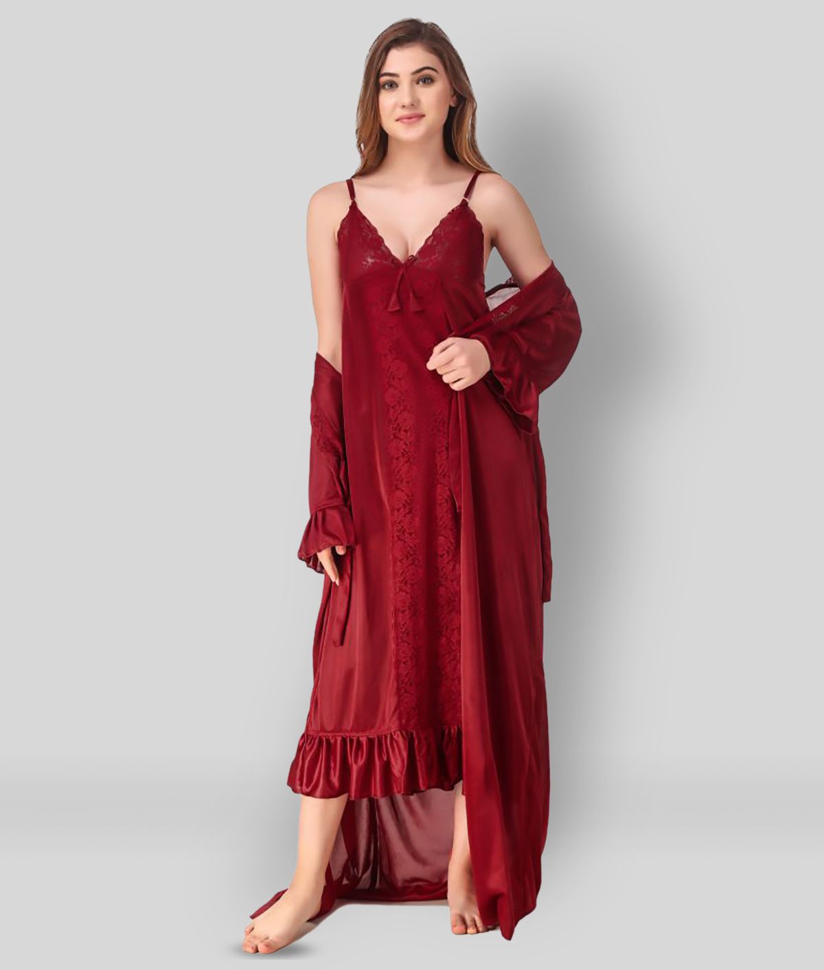     			Reposey - Maroon Satin Women's Nightwear Nighty & Night Gowns ( Pack of 2 )