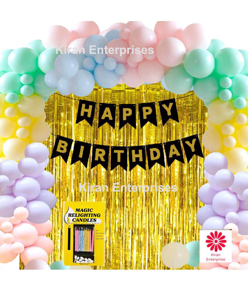     			Kiran Enterprises Happy Birthday Bannner ( Black ) + 2 Fringe Curtain (Golden) + 10 pc. Magic Candle + 30 Malticolor Pastel Balloon