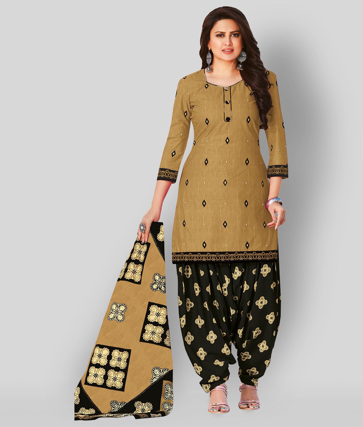 shree jeenmata collection - Mustard Straight Cotton Women's Stitched Salwar Suit ( Pack of 1 )