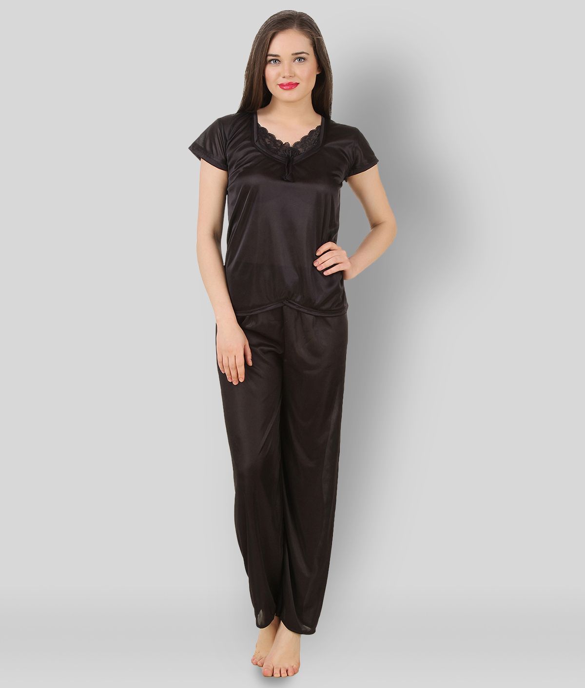     			Fasense - Black Satin Women's Nightwear Nightsuit Sets ( Pack of 1 )