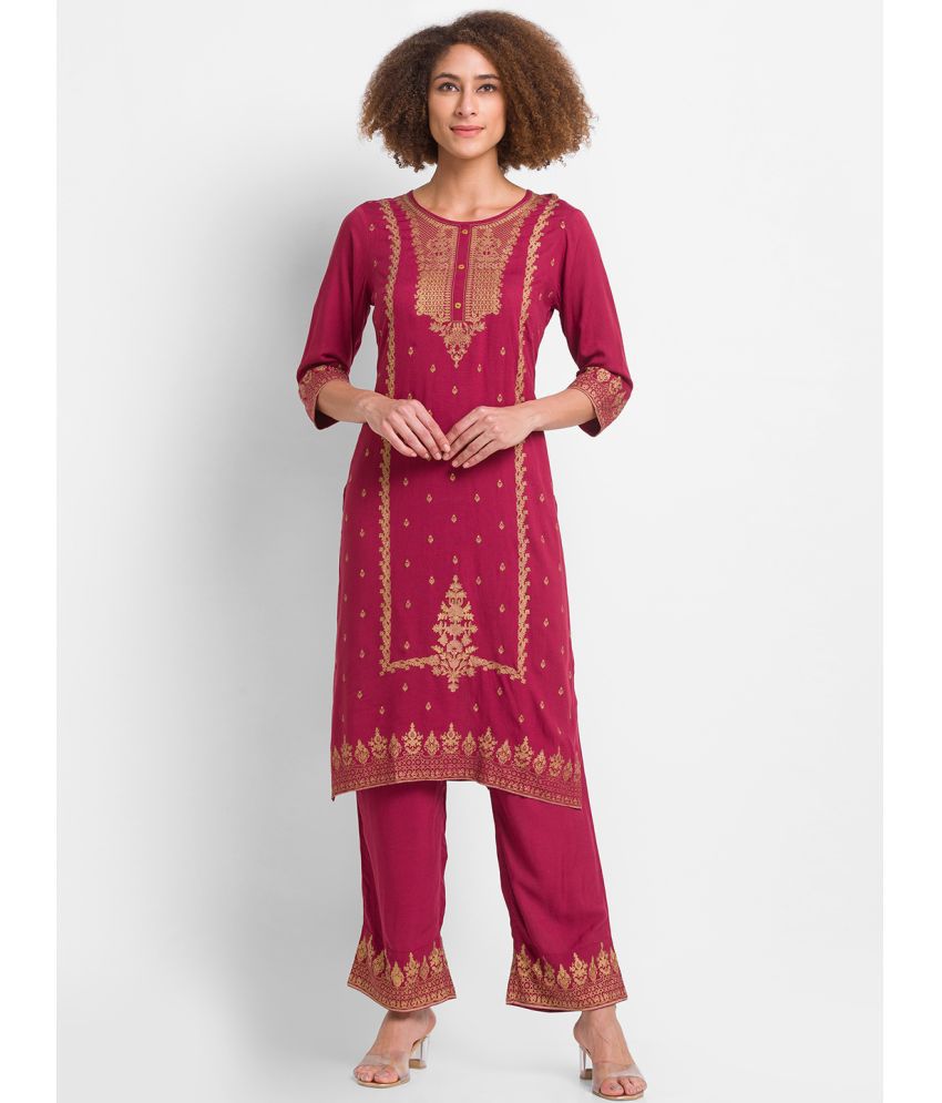     			Globus - Wine Straight Viscose Women's Stitched Salwar Suit ( Pack of 1 )