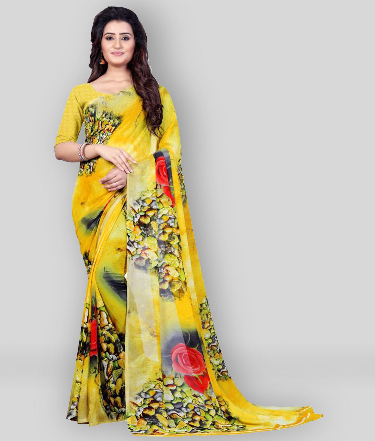    			Anand - Yellow Georgette Saree With Blouse Piece ( Pack of 1 )