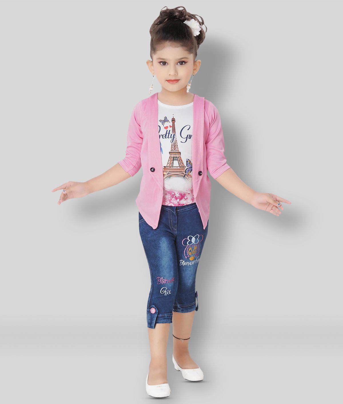     			Arshia Fashions - Pink Denim Girls Top With Capris ( Pack of 1 )