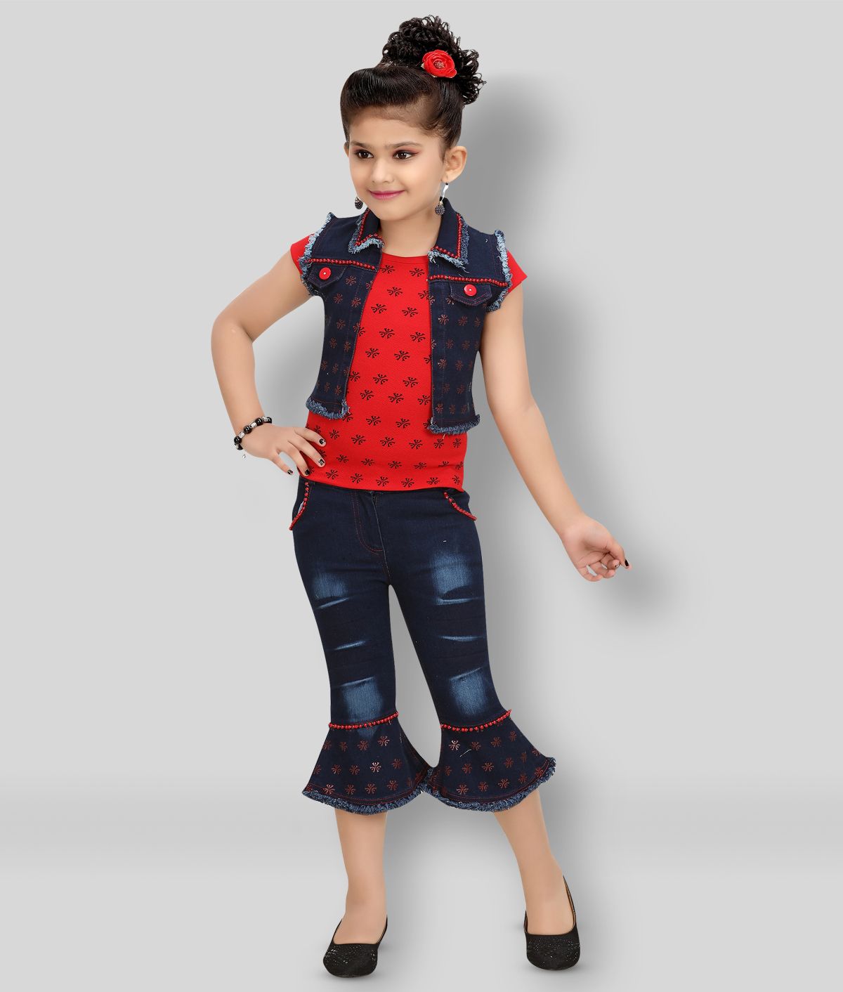     			Arshia Fashions Pack of 1 Girls Denim Top With Jacket With Capris ( Red )