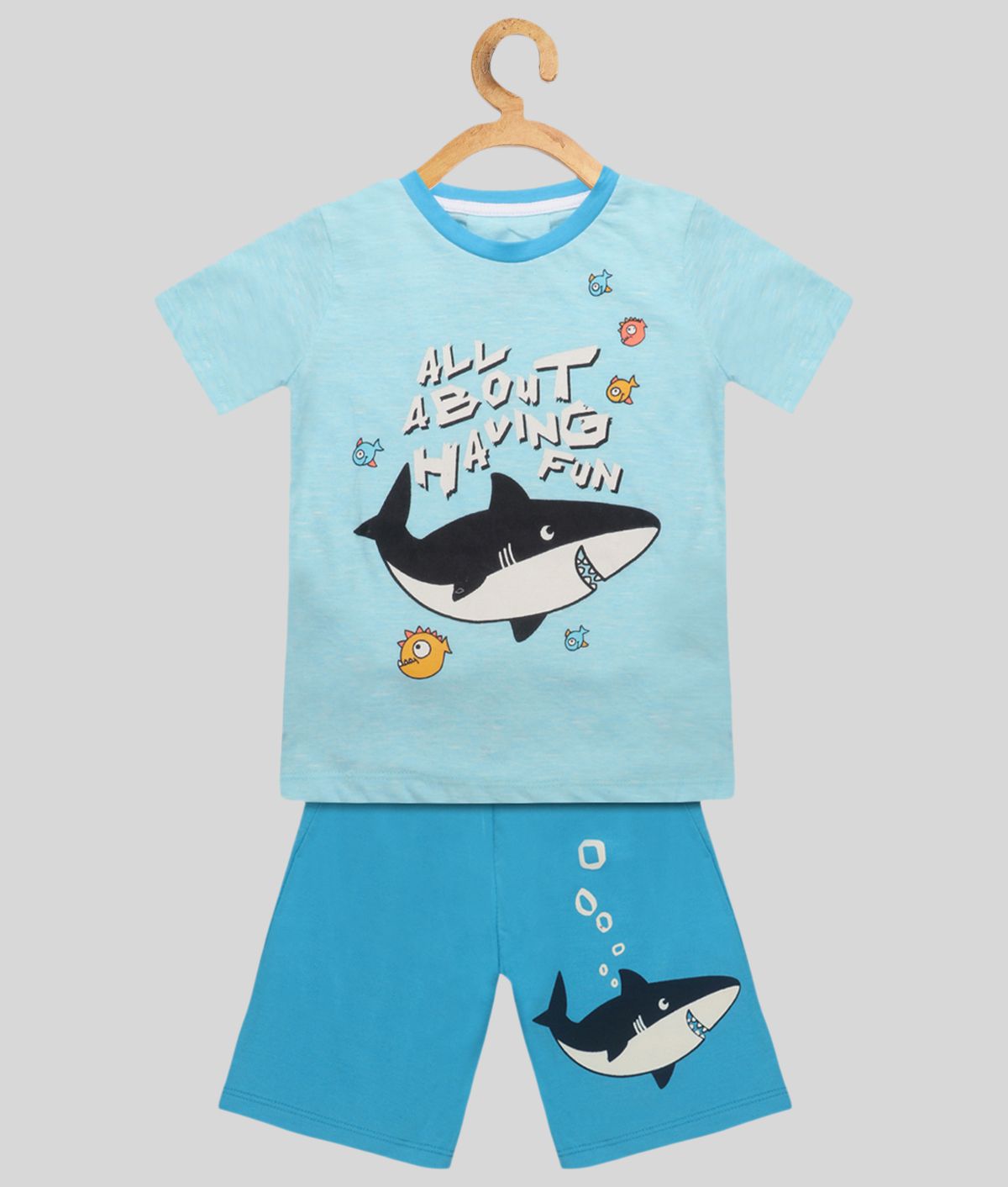 Lazy Shark - Blue Cotton Blend Boy's T-Shirt & Shorts ( Pack of 1 )