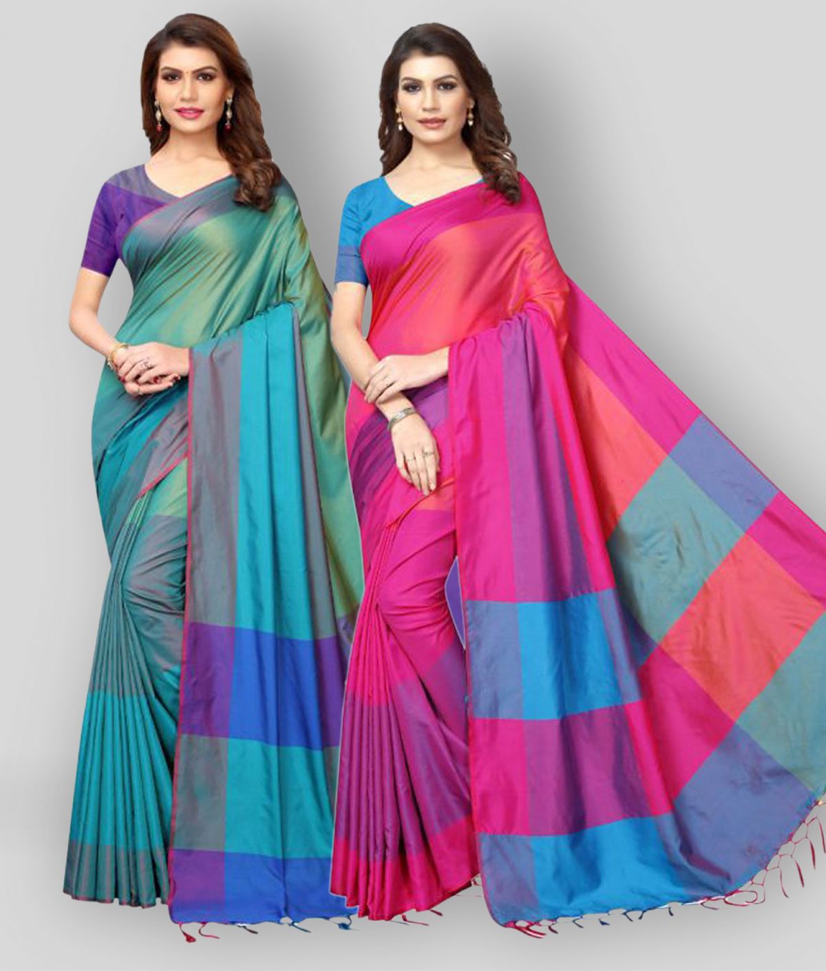     			NightBlue - Pink Cotton Saree With Blouse Piece ( Pack of 2 )