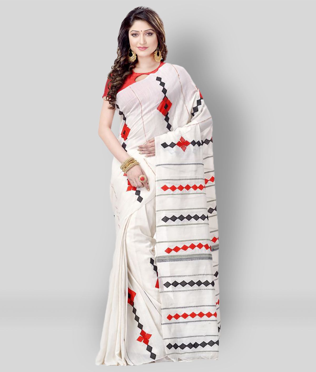     			Desh Bidesh - White Cotton Saree With Blouse Piece (Pack of 1)