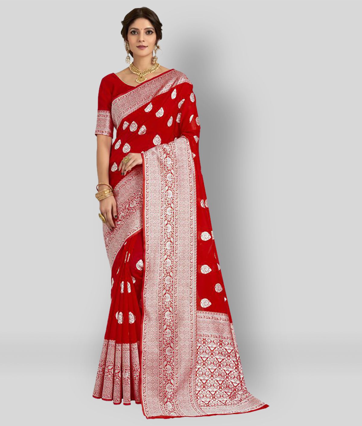    			Sherine - Red Jacquard Saree With Blouse Piece (Pack of 1)