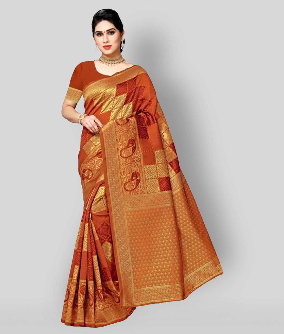 NENCY FASHION - Orange Banarasi Silk Saree With Blouse Piece (Pack of 1)