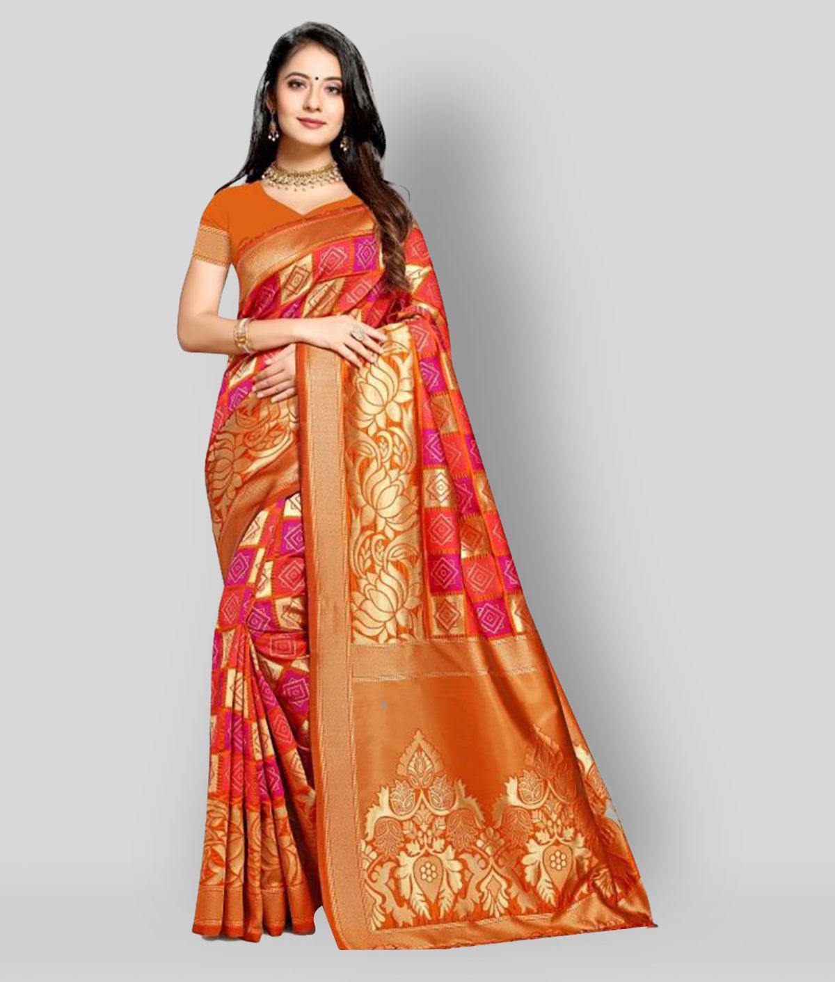 NENCY FASHION - Orange Banarasi Silk Saree With Blouse Piece ( Pack of 1 )