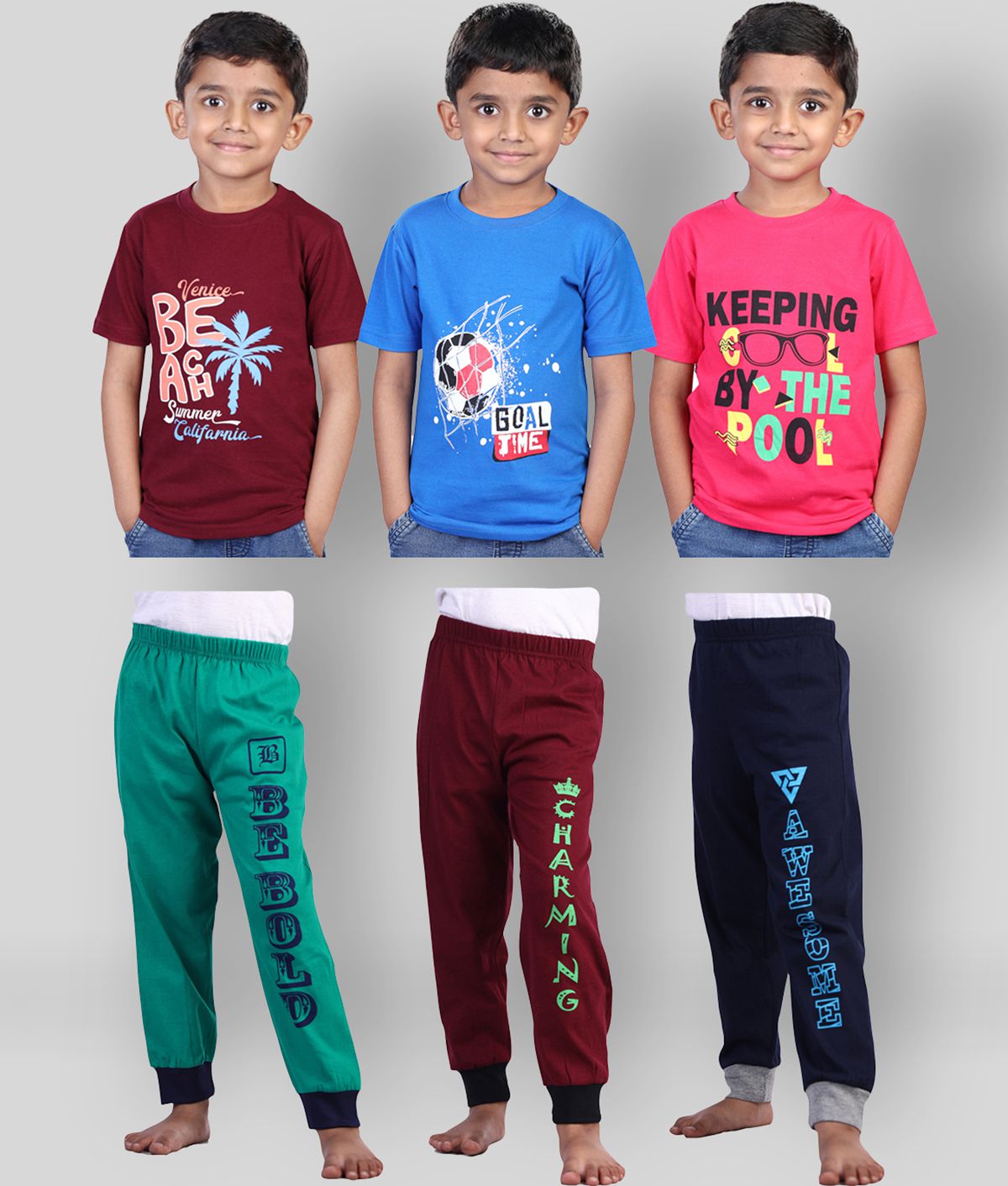     			JILZ - Multi Cotton Boy's T-Shirt & Trackpants ( Pack of 3 )