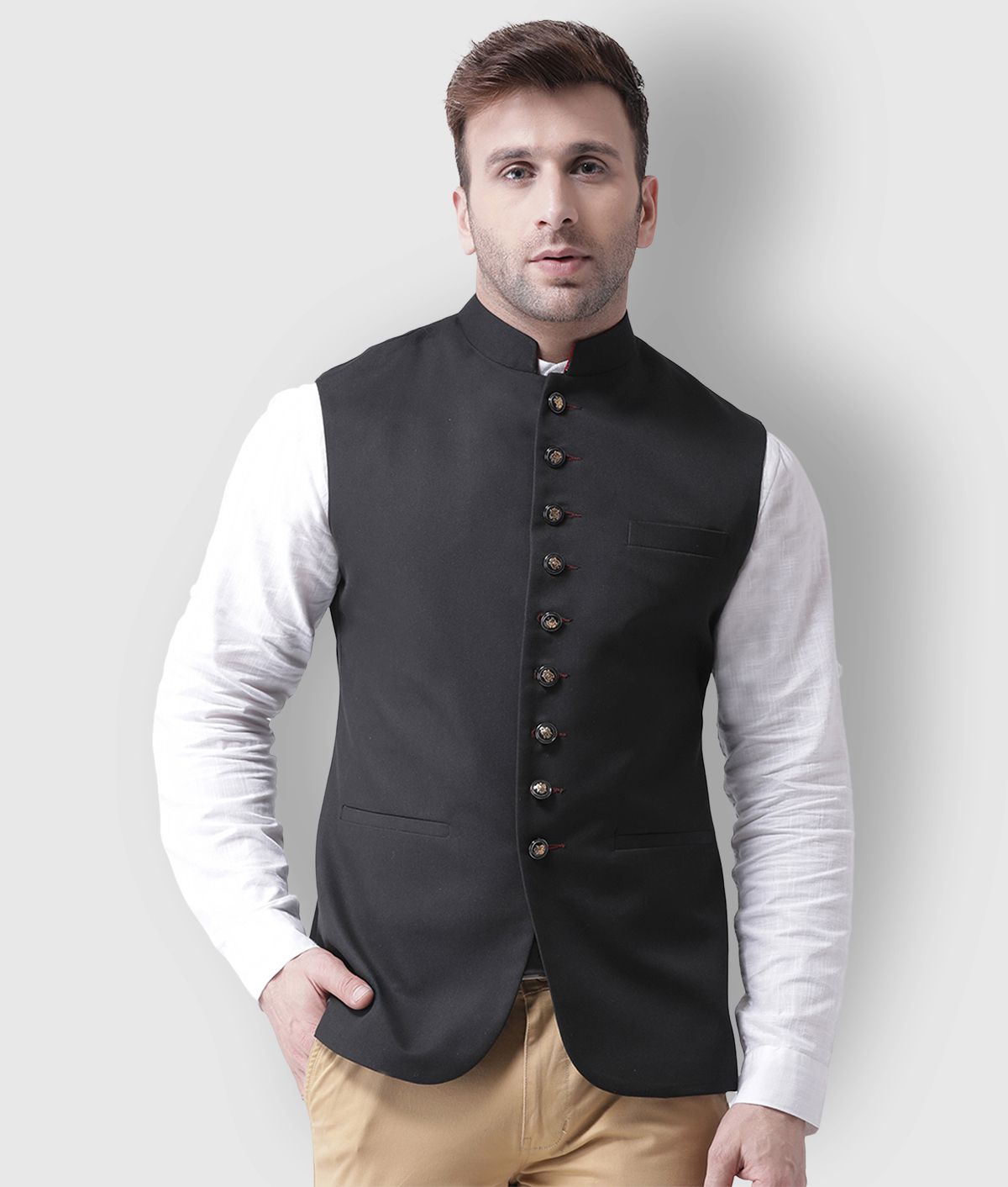     			Hangup Black Cotton Blend Nehru Jacket