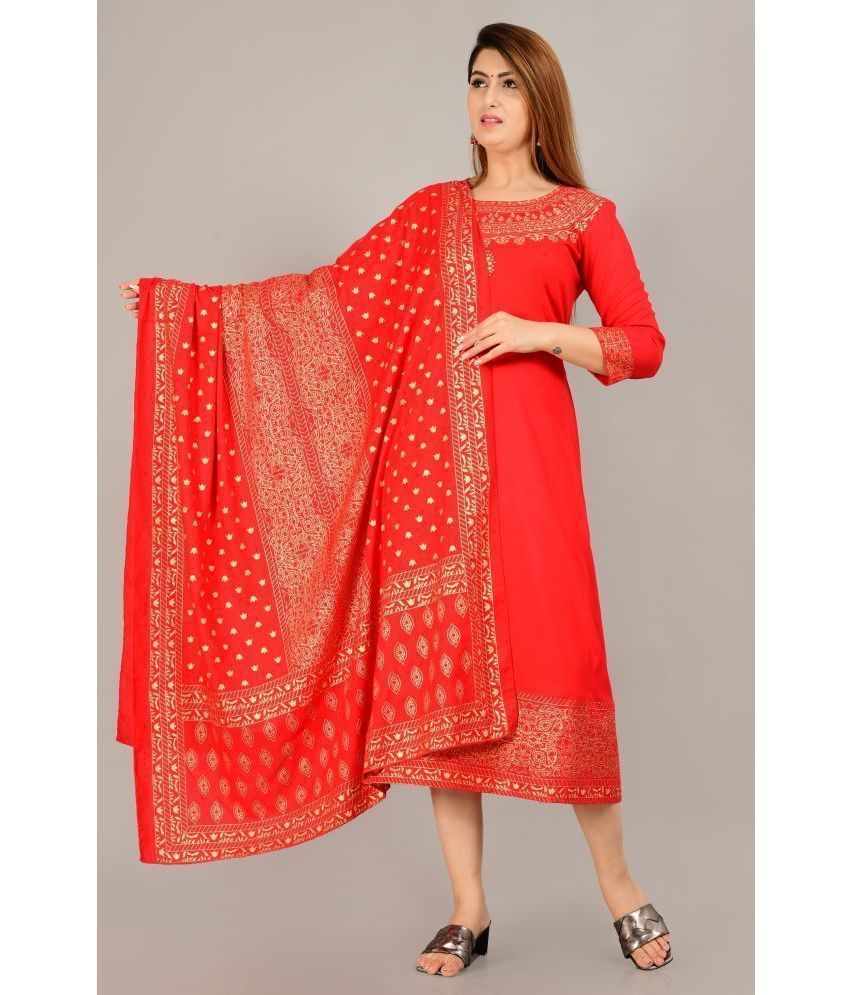     			SIPET - Red Rayon Women's Flared Kurti with Dupatta ( Pack of 1 )