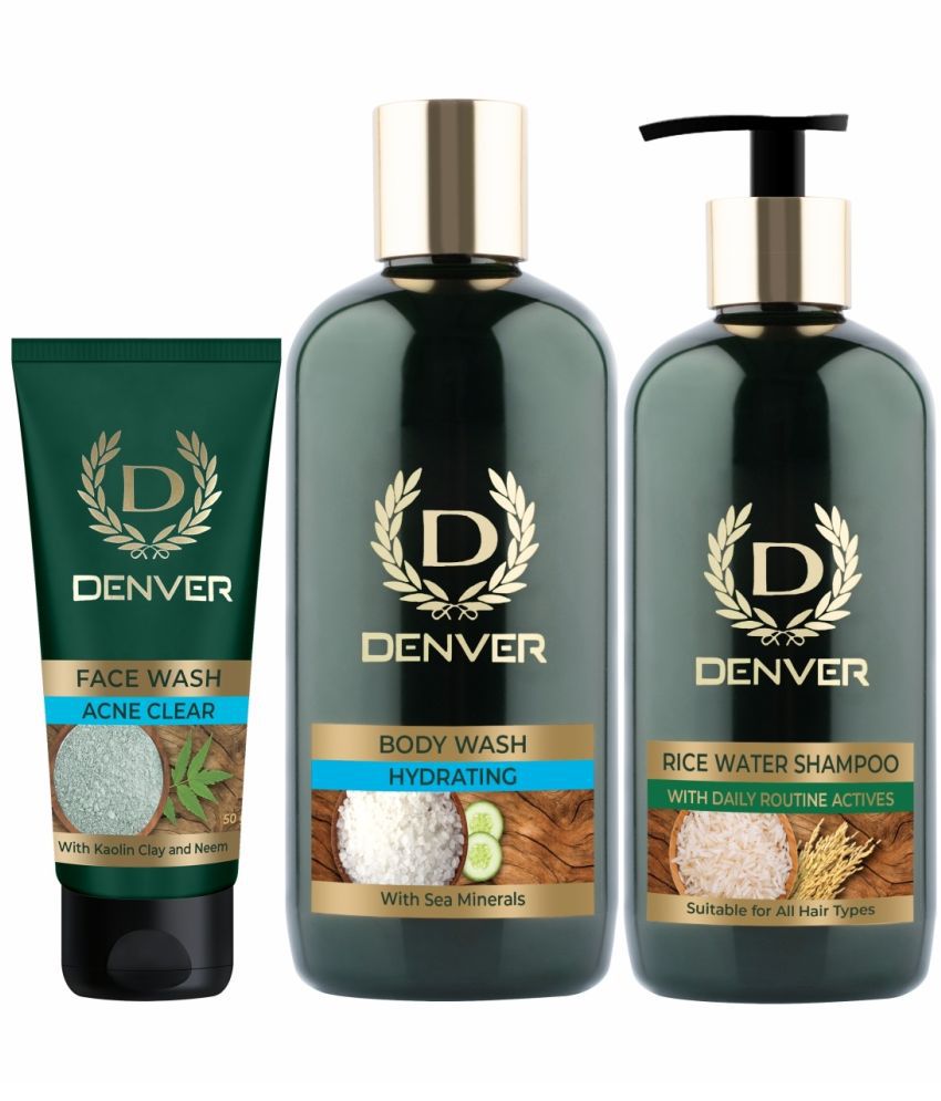     			Denver Acne Clear Face Wash (50gm)+body wash Hydrating 325ml + rice water shampoo 300ml