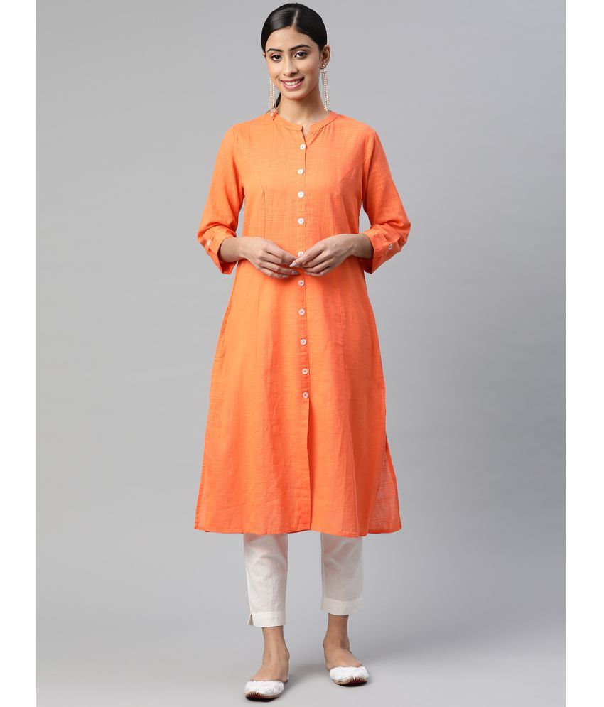     			SVARCHI - Peach Cotton Women's Front Slit Kurti ( Pack of 1 )