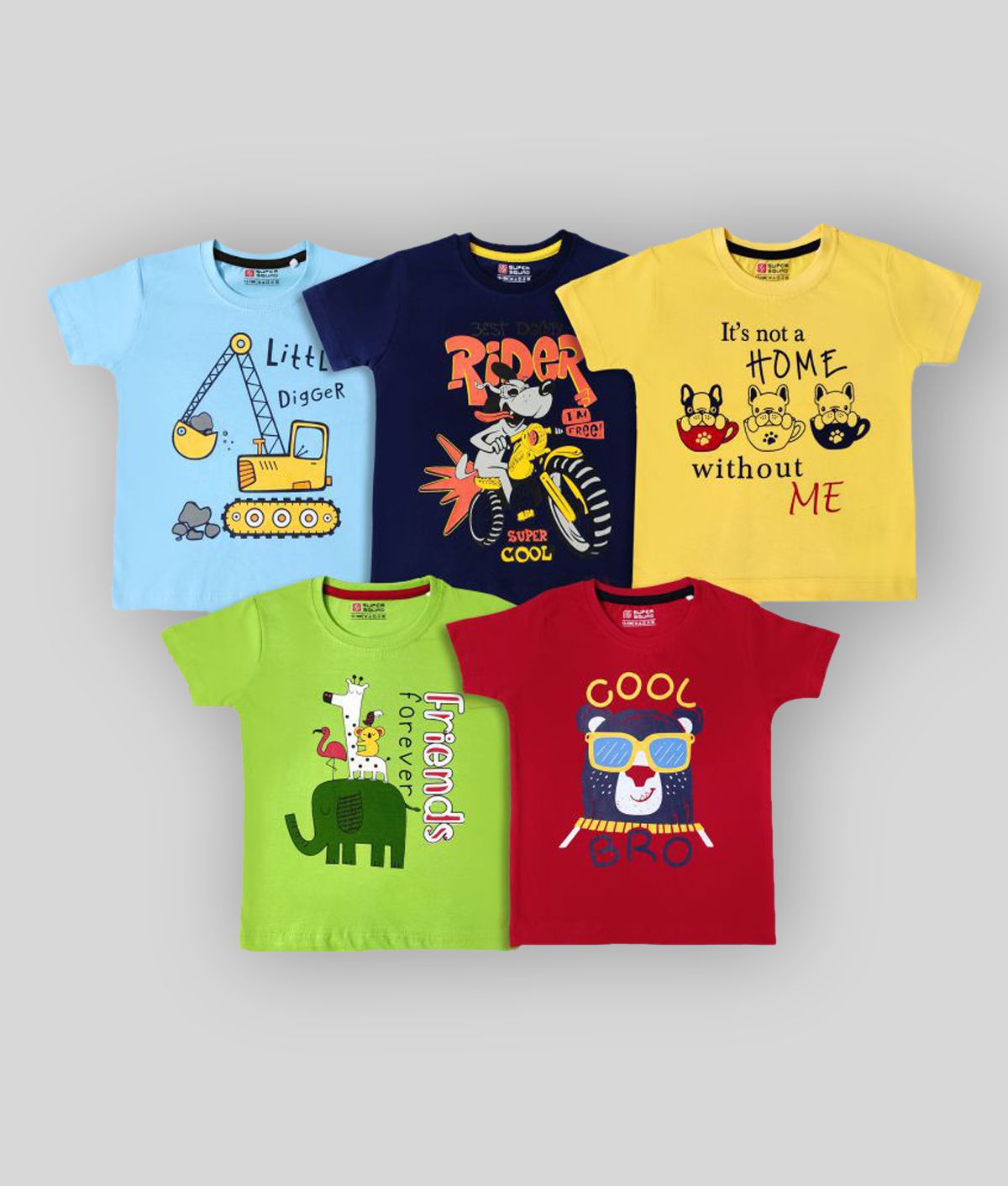     			Supersquad Supersquad Baby Boys Blue , Red , Green , Yellow Printed Pure Cotton T Shirt Pack of 5