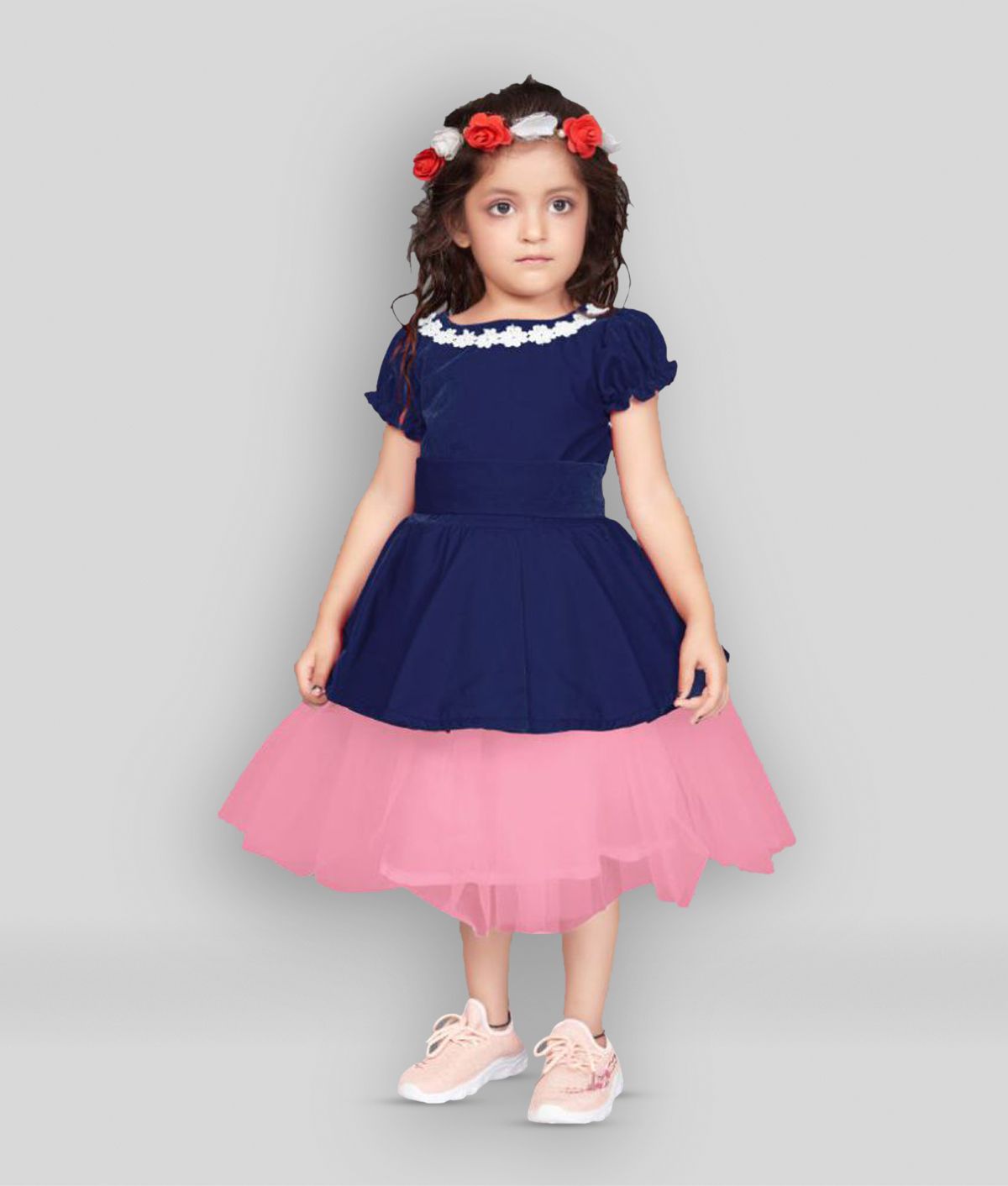     			MIRROW TRADE - Navy Blue Velvet Girl's Skater Dress ( Pack of 1 )